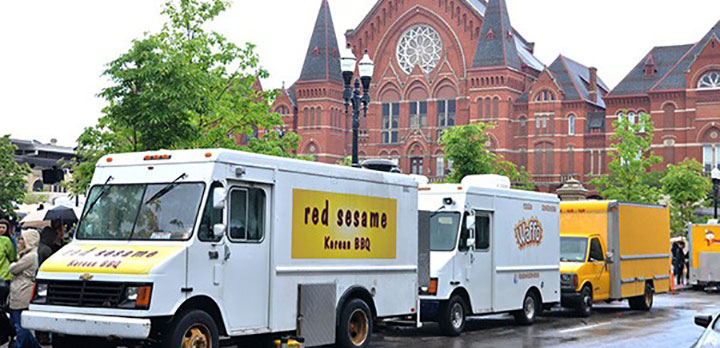 Food Trucks lined up on the street outside Music Hall
